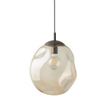 Lava Brown D35 to brązowa lampa wisząca z przezroczystym, kulistym kloszem. Ujęcie z przodu, zawieszona na czarnym przewodzie. Widoczna żarówka E27 z widocznymi włóknami. Lampa ma nowoczesny, organiczny kształt, idealna do stylowych wnętrz.