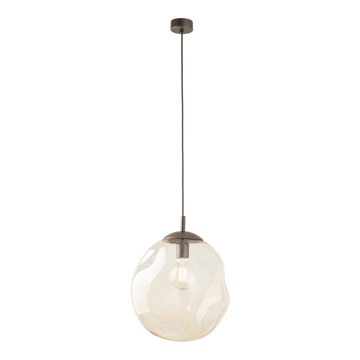Lampa wisząca Lava Brown D35 z brązowym metalowym mocowaniem i przezroczystym, bąbelkowatym kloszem. Zawieszona na długim kablu, przeznaczona na jedną żarówkę E27. Idealna do nowoczesnych wnętrz.