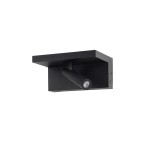 Kinkiet LED 6W w kolorze czarnym z prostokątną podstawą i ruchomym ramieniem. Zintegrowany port USB oraz ładowarka indukcyjna NFC. Ujęcie frontalne, produkt zamontowany na ścianie.