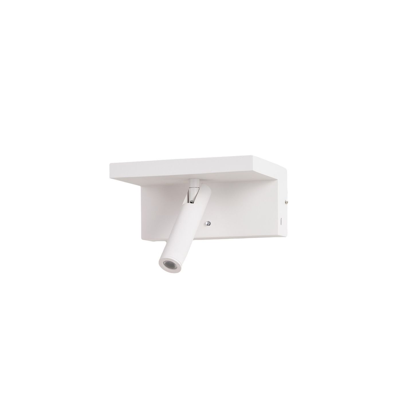 Kinkiet LED 6W w kolorze białym z prostokątną półką, wyposażony w port USB i ładowarkę indukcyjną NFC. Ujęcie z boku, pokazujące regulowany klosz lampy. Prosta konstrukcja, idealna do nowoczesnych wnętrz.