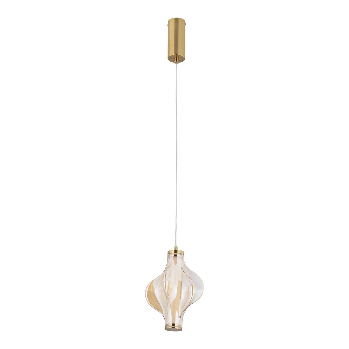 Lampa wisząca LED Elva o mocy 8W, w kolorze mosiądzu i bursztynu, z charakterystycznym, zaokrąglonym kloszem. Zawieszona na cienkim przewodzie, montowana na suficie, idealna do nowoczesnych wnętrz.