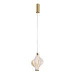Lampa wisząca LED Elva o mocy 8W, w kolorze mosiądzu i bursztynu, z charakterystycznym, zaokrąglonym kloszem. Zawieszona na cienkim przewodzie, montowana na suficie, idealna do nowoczesnych wnętrz.