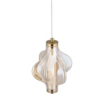 Lampa wisząca LED Elva 8W w kolorze mosiądzu i bursztynu, o opływowym kształcie, wykonana z przezroczystego szkła. Zawieszona na cienkim, białym kablu, prezentuje elegancki styl. Idealna do nowoczesnych wnętrz.