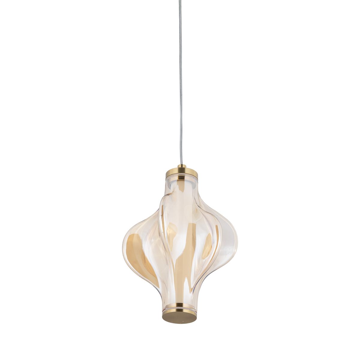 Lampa wisząca LED Elva 8W w kolorze mosiądzu i bursztynu, o unikalnym kształcie z przezroczystego szkła. Wisi na cienkim przewodzie, z wyraźnie widocznym elementem metalowym u góry i dolnej części. Światło o ciepłej barwie 3000K.