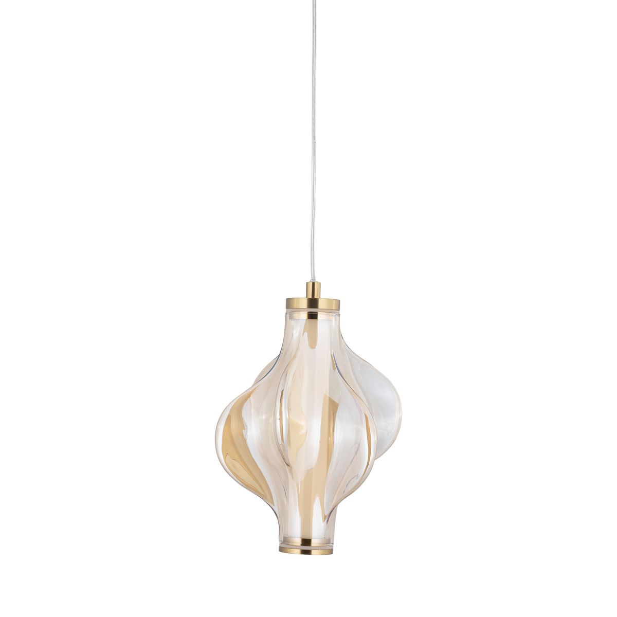 Lampa wisząca LED Elva 8W w kolorze mosiądzu i bursztynu, o opływowym kształcie z przezroczystego szkła. Zawieszona na białym przewodzie, z metalową podstawą. Źródło światła o ciepłej barwie 3000K.