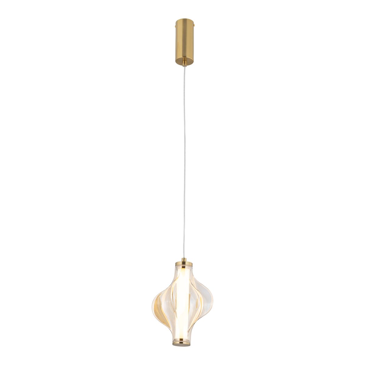 Lampa wisząca LED Elva 8W, kolor mosiężny z bursztynowym kloszem. Posiada opływowy kształt, zawieszona na białym przewodzie. Źródło światła emituje ciepłe światło 3000K, idealna do nowoczesnych wnętrz.