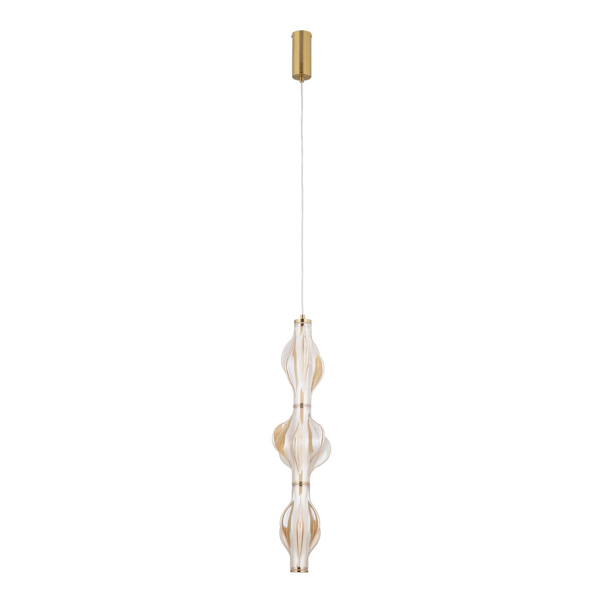 Lampa wisząca LED Elva 22W 3000K w kolorze mosiądzu i bursztynu, o trzech falistych elementach szklanych. Zawieszona na cienkim kablu, z metalowym mocowaniem. Przeznaczona do nowoczesnych wnętrz, emitująca ciepłe światło.