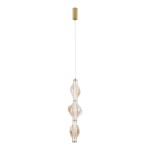 Lampa wisząca LED Elva 22W 3000K w kolorze mosiądzu i bursztynu, o trzech falistych elementach szklanych. Zawieszona na cienkim kablu, z metalowym mocowaniem. Przeznaczona do nowoczesnych wnętrz, emitująca ciepłe światło.