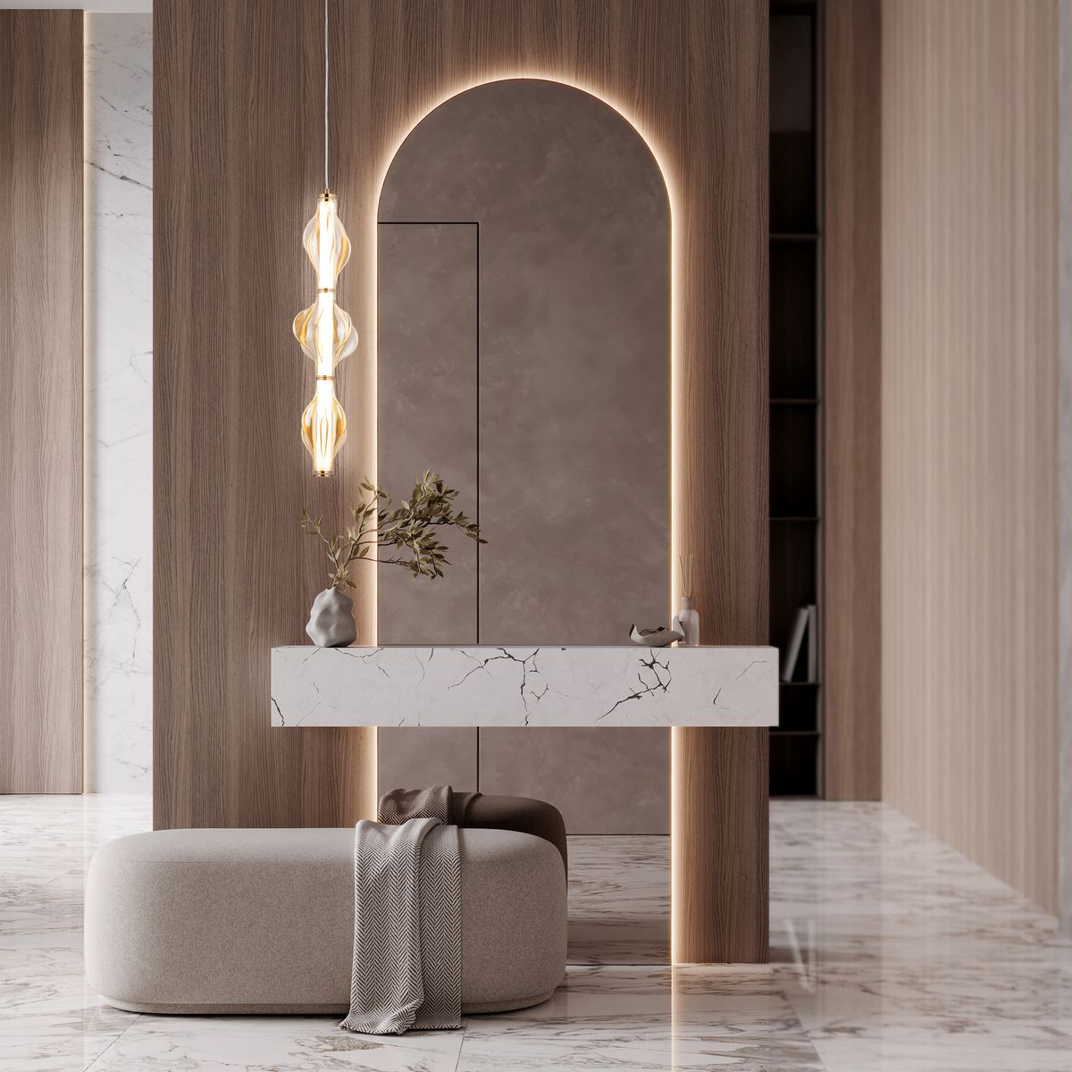 Lampa wisząca LED Elva 22W 3000K w kolorze mosiądzu z bursztynowymi kloszami, zawieszona nad minimalistycznym stolikiem w nowoczesnym wnętrzu z drewnianymi detalami i marmurową podłogą.