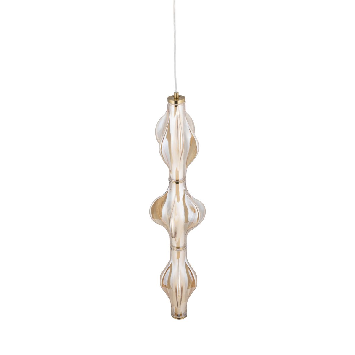 Lampa wisząca LED Elva 22W w kolorze mosiądzu i bursztynu, o smukłej, falistej formie. Wisi na białym przewodzie, z metalowym elementem mocującym na górze. Źródło światła o ciepłej barwie 3000K, idealna do nowoczesnych wnętrz.