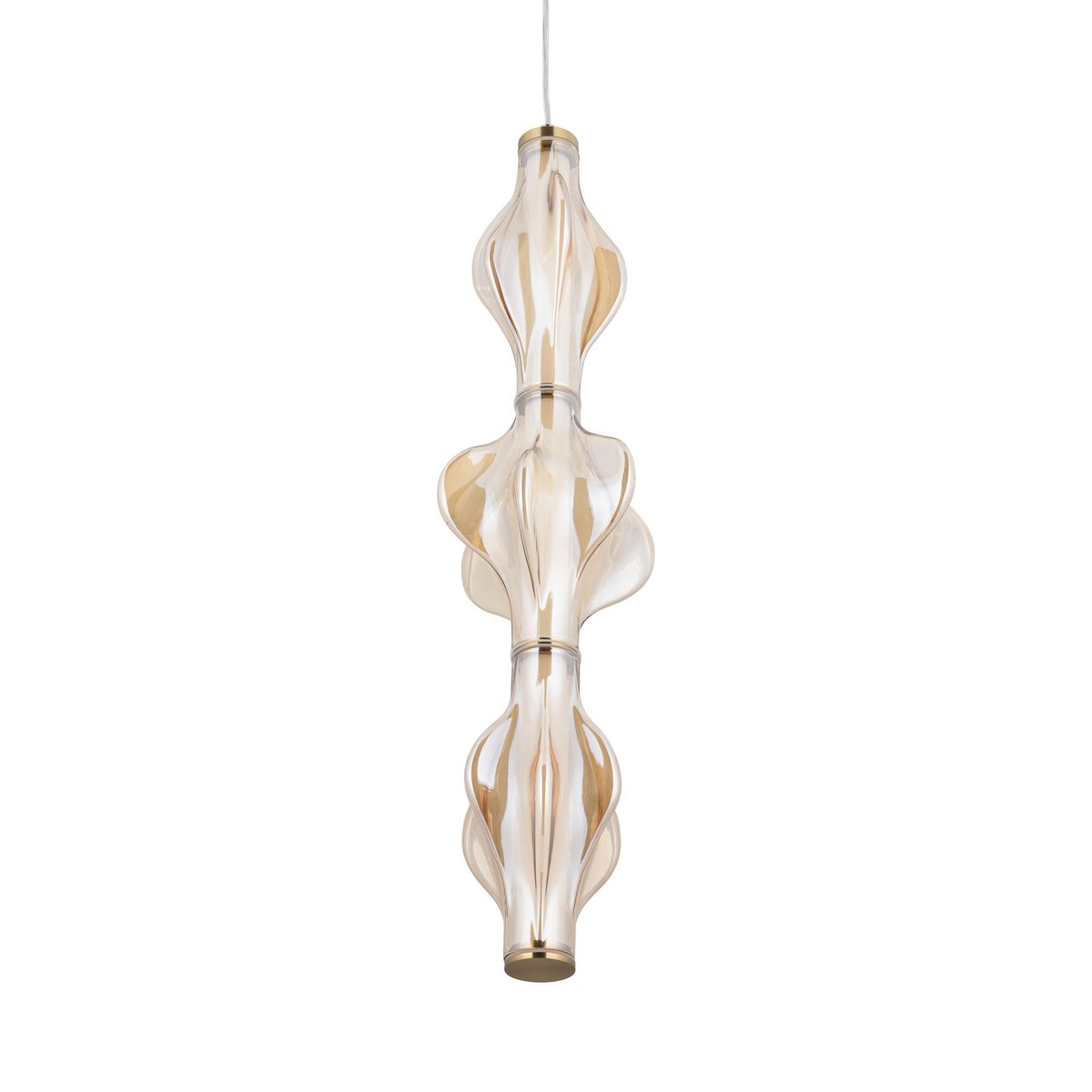 Lampa wisząca LED Elva 22W w kolorze mosiądzu i bursztynu, o nowoczesnym, falistym kształcie. Przezroczysta obudowa z akcentami w kolorze bursztynowym, zawieszona na cienkim przewodzie, idealna do wnętrz.