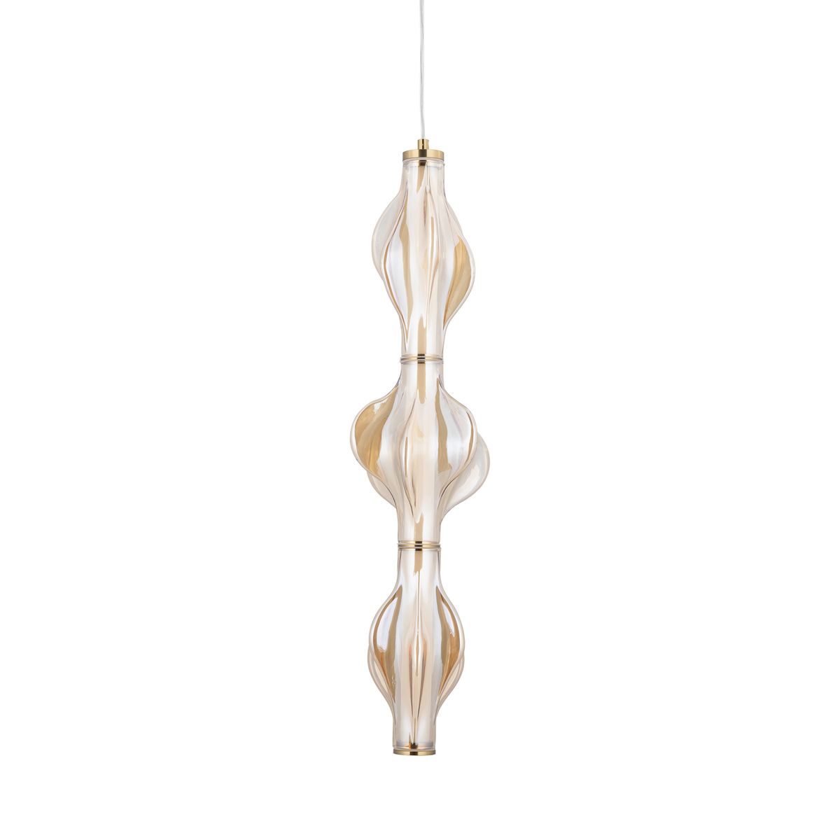 Lampa wisząca LED Elva 22W w kolorze mosiądzu i bursztynu, o dekoracyjnym, falistym kształcie. Ujęcie frontalne, zawieszona na białym przewodzie. Przezroczysta obudowa z subtelnym złotym akcentem, idealna do nowoczesnych wnętrz.