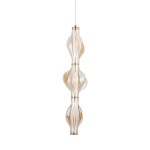 Lampa wisząca LED Elva 22W w kolorze mosiądzu i bursztynu, o dekoracyjnym, falistym kształcie. Ujęcie frontalne, zawieszona na białym przewodzie. Przezroczysta obudowa z subtelnym złotym akcentem, idealna do nowoczesnych wnętrz.