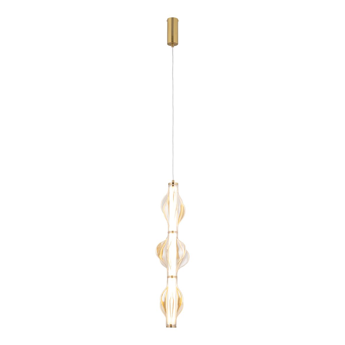 Lampa wisząca Elva LED 22W 3000K w kolorze mosiądzu i bursztynu, o smukłej formie. Zawieszona na cienkim przewodzie, z eleganckimi, falistymi detalami. Żarówki wbudowane, emitujące ciepłe światło, idealna do nowoczesnych wnętrz.