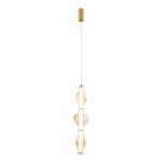 Lampa wisząca Elva LED 22W 3000K w kolorze mosiądzu i bursztynu, o smukłej formie. Zawieszona na cienkim przewodzie, z eleganckimi, falistymi detalami. Żarówki wbudowane, emitujące ciepłe światło, idealna do nowoczesnych wnętrz.