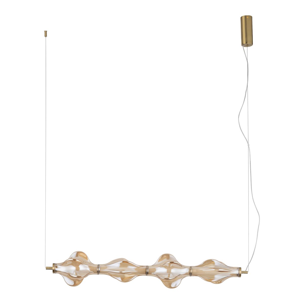 Lampa wisząca LED Elva 30W w kolorze mosiądzu i bursztynu, złożona z falistych, przezroczystych elementów. Zawieszona na cienkim, białym przewodzie, z metalowym uchwytem u góry. Wymiary nieokreślone, nowoczesny design.