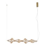 Lampa wisząca LED Elva 30W w kolorze mosiądzu i bursztynu, złożona z falistych, przezroczystych elementów. Zawieszona na cienkim, białym przewodzie, z metalowym uchwytem u góry. Wymiary nieokreślone, nowoczesny design.