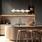 Lampa wisząca LED Elva 30W 3000K w kolorze mosiądzu i bursztynu, w kształcie falistym, zawieszona nad okrągłym blatem kuchennym. W tle drewniane elementy, szare ściany i nowoczesne akcesoria kuchenne.