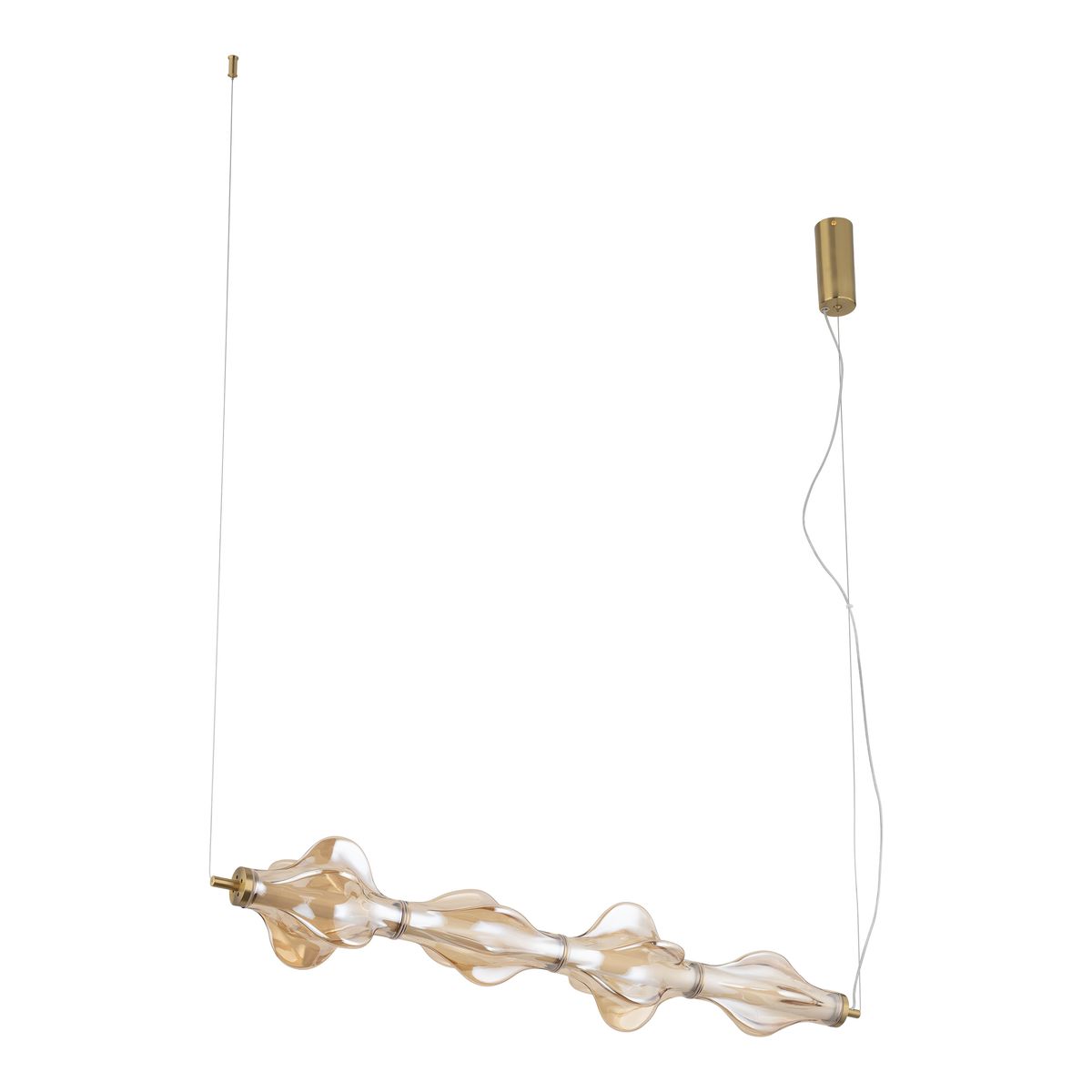 Lampa wisząca LED Elva 30W w kolorze mosiądzu i bursztynu, z przezroczystymi, falistymi kloszami. Zawieszona na cienkim przewodzie, z okrągłym mocowaniem sufitowym. Oświetlenie o ciepłej barwie 3000K.