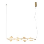 Lampa wisząca LED Elva o mocy 30W i temperaturze barwowej 3000K, w kolorze mosiądzu i bursztynu. Posiada sześć falistych elementów szklanych zawieszonych na cienkim, białym przewodzie, montowana na suficie.