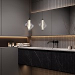 Lampa wisząca LED Elva 8W 3000K w kolorze czarnym i grafitowym, z charakterystycznym, organicznym kształtem klosza, zawieszona w nowoczesnej łazience. Widoczne również ręczniki oraz kosmetyki na półce pod umywalką.