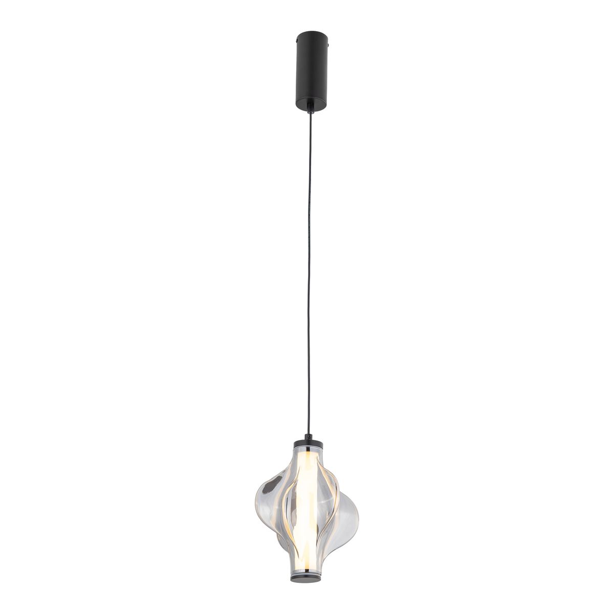 Lampa wisząca LED Elva 8W 3000K w kolorze czarnym i grafitowym, o nowoczesnym kształcie z przezroczystym kloszem. Produkt zwisający na czarnym kablu, montowany do sufitu, idealny do nowoczesnych wnętrz.