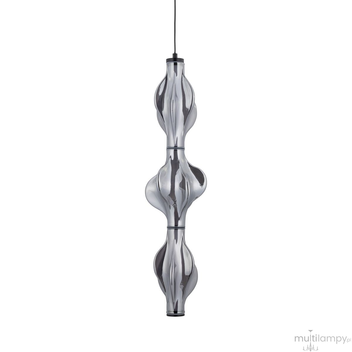 Lampa wisząca LED Elva, moc 22W, barwa światła 3000K, w kolorze czarnym i grafitowym. Posiada unikalny, falisty kształt z przezroczystego materiału, zawieszona na czarnym przewodzie, w ujęciu frontalnym.