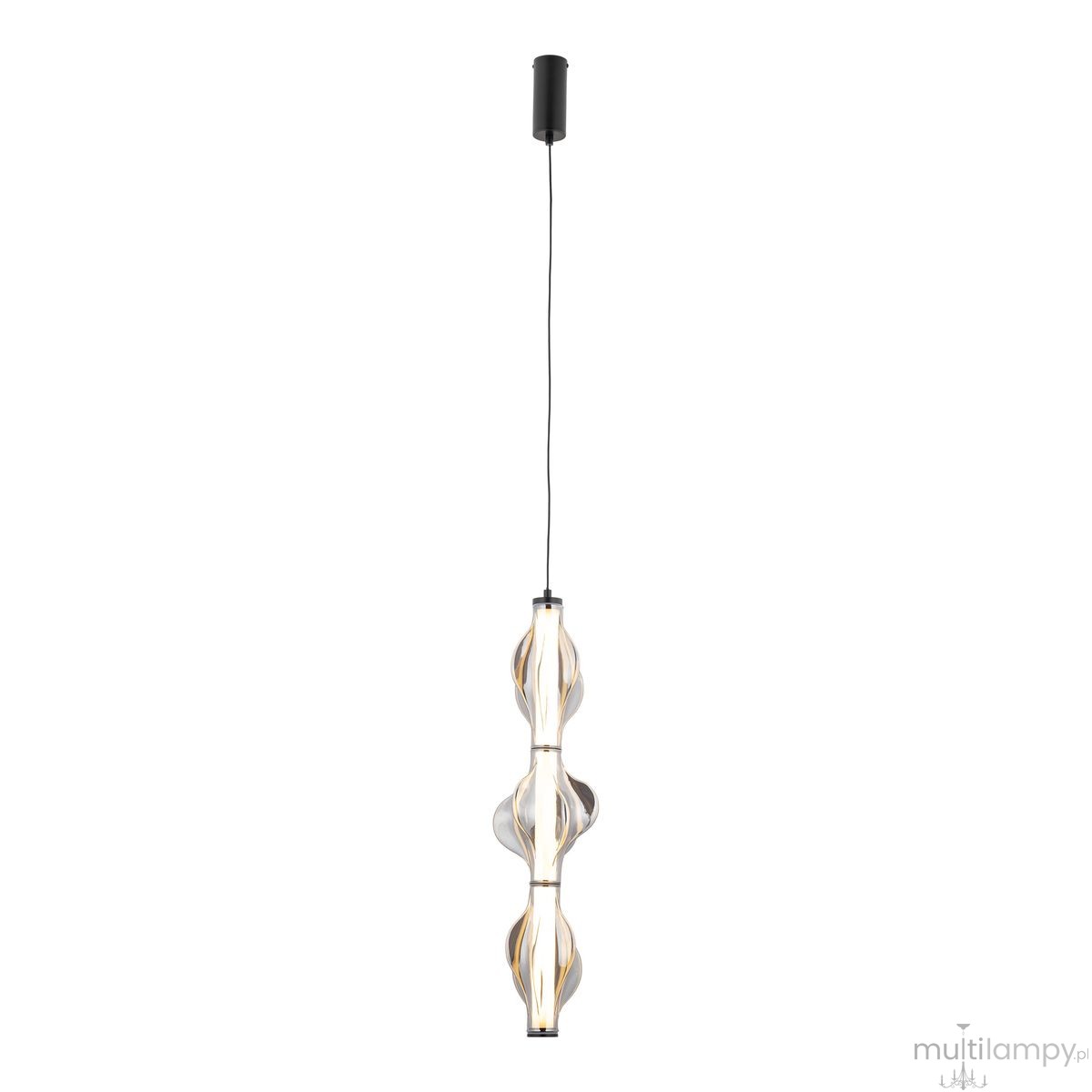 Lampa wisząca LED Elva 22W 3000K w kolorze czarnym i grafitowym, zawieszona na cienkim przewodzie. Posiada trzy szklane elementy o falistym kształcie, emitujące ciepłe światło, umieszczone w pionie. Prosta, nowoczesna forma.
