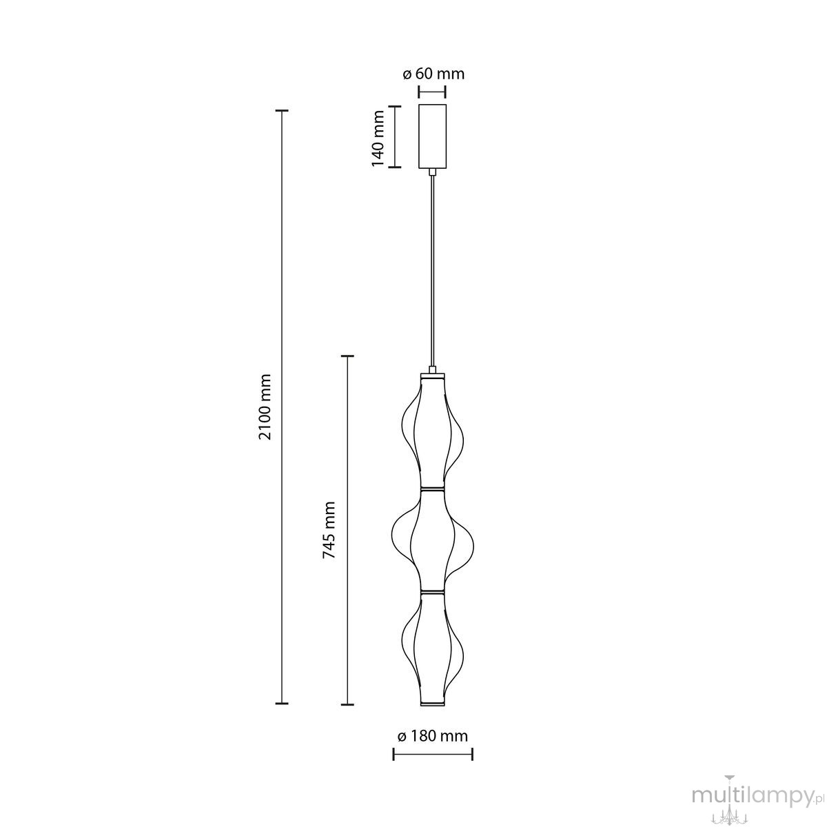 Lampa wisząca LED Elva 22W 3000K w kolorze czarnym/grafitowym. Kształt falisty, długość 2100 mm, średnica 180 mm. Elementy metalowe, zawieszona na cienkim przewodzie. Wymiary podano w opisie technicznym.