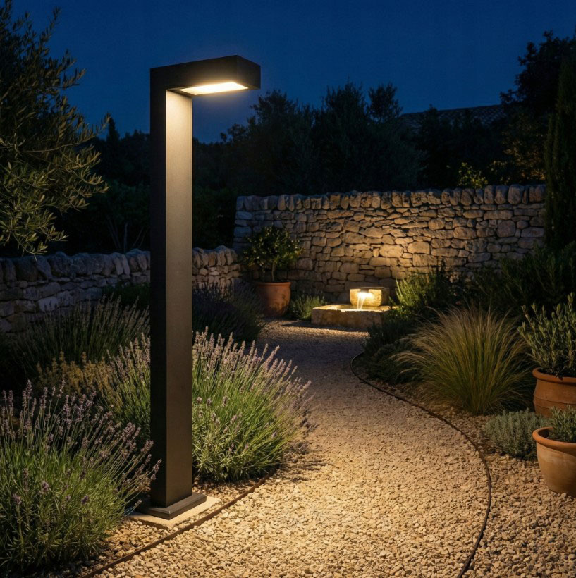 Czarna lampa stojąca Hebin H60 z gniazdem GX53, umieszczona na ścieżce ogrodowej w otoczeniu roślinności. Lampa emituje ciepłe światło, oświetlając kamienny mur w tle, na tle nocnego nieba.