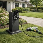 Słupek ogrodowy Ontario H20 w kolorze czarnym z wbudowanym gniazdem, stojący na trawie. Gniazdo z zamykaną pokrywą z kablem podłączonym do wkrętarki leżącej obok. Tło z zielonymi roślinami i kwiatami.