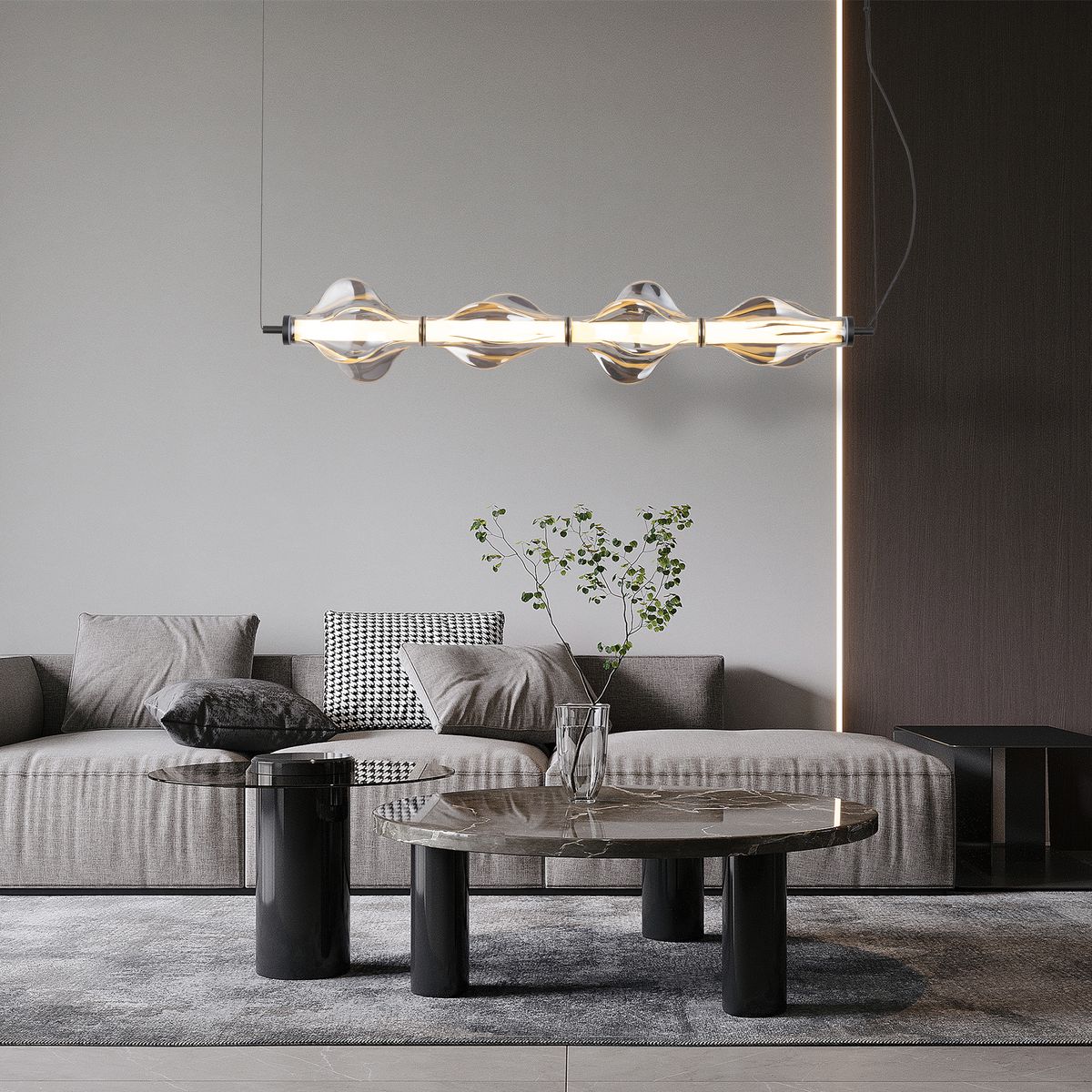 Lampa wisząca LED Elva 30W 3000K w kolorze czarnym i grafitowym, o nowoczesnym kształcie z falistymi kloszami, zawieszona nad okrągłym stołem w eleganckim wnętrzu. Tło w odcieniach szarości.