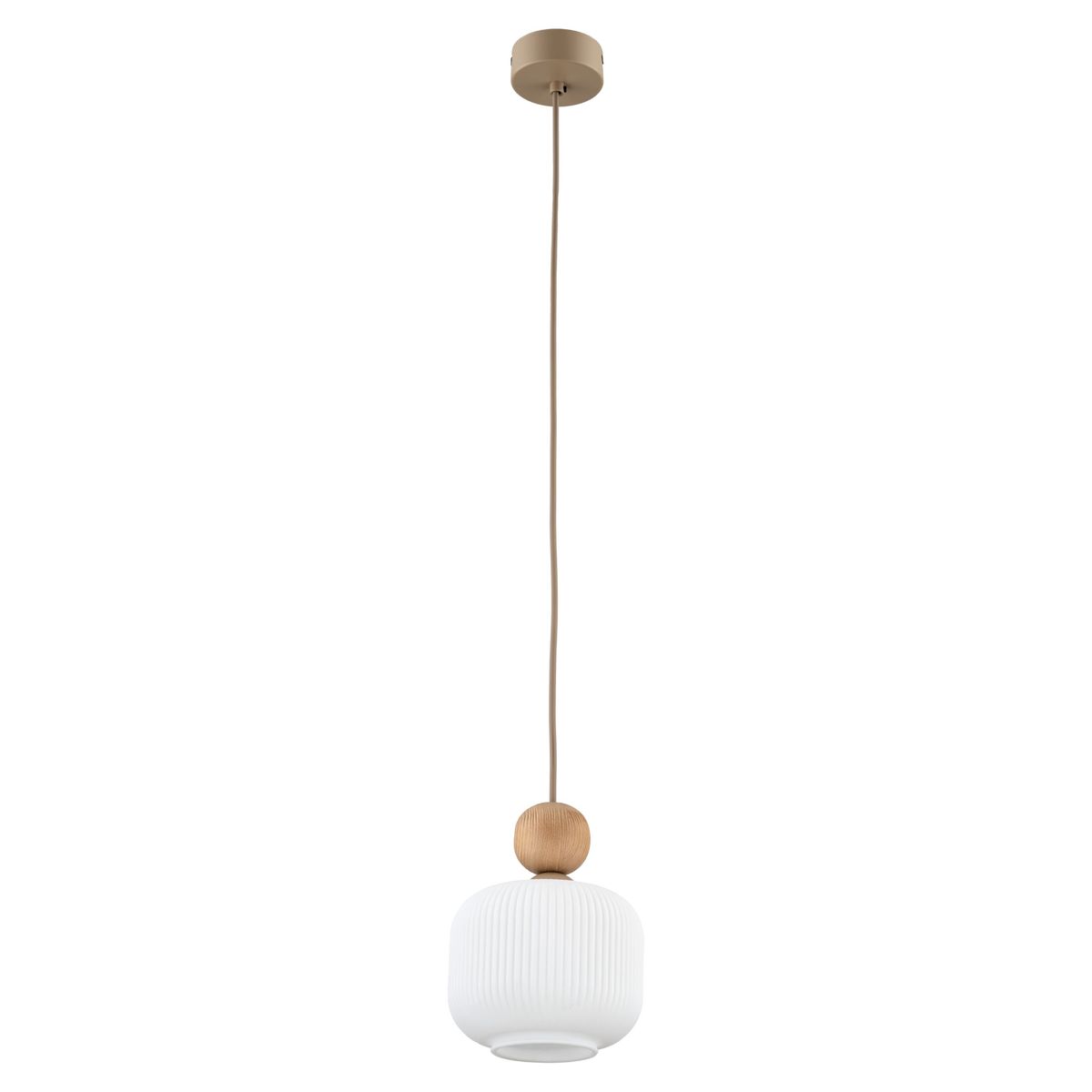 Lampa wisząca Ballo 1xE14 w kolorze beżowym z białym kloszem o fakturze żłobkowanej i drewnianym detalem u góry. Ujęcie frontalne, zawieszona na cienkim kablu. Idealna do nowoczesnych wnętrz.