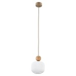 Lampa wisząca Ballo 1xE14 w kolorze beżowym z białym kloszem o fakturze żłobkowanej i drewnianym detalem u góry. Ujęcie frontalne, zawieszona na cienkim kablu. Idealna do nowoczesnych wnętrz.