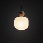 Lampa wisząca Ballo w odcieniu beżowym z kloszem w kształcie półkuli, z widoczną teksturą żłobień. U góry umieszczona drewniana kula. Zawieszona na cienkim przewodzie, na ciemnym tle. Przeznaczona do jednego źródła światła E14.