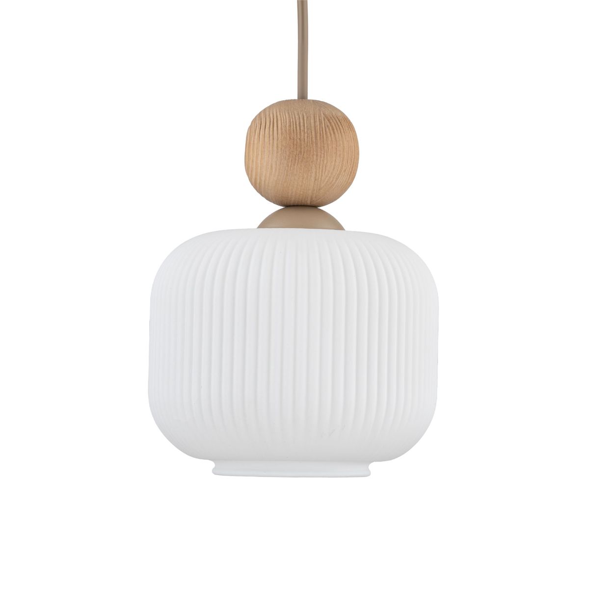Lampa wisząca Ballo 1xE14 w kolorze beżowym. Okrągła, teksturowana, biała szklana obudowa z drewnianym elementem na górze. Zawieszona na długim przewodzie, który łączy się z sufitowym mocowaniem. Idealna do nowoczesnych wnętrz.