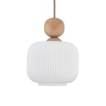 Lampa wisząca Ballo 1xE14 w kolorze beżowym. Okrągła, teksturowana, biała szklana obudowa z drewnianym elementem na górze. Zawieszona na długim przewodzie, który łączy się z sufitowym mocowaniem. Idealna do nowoczesnych wnętrz.