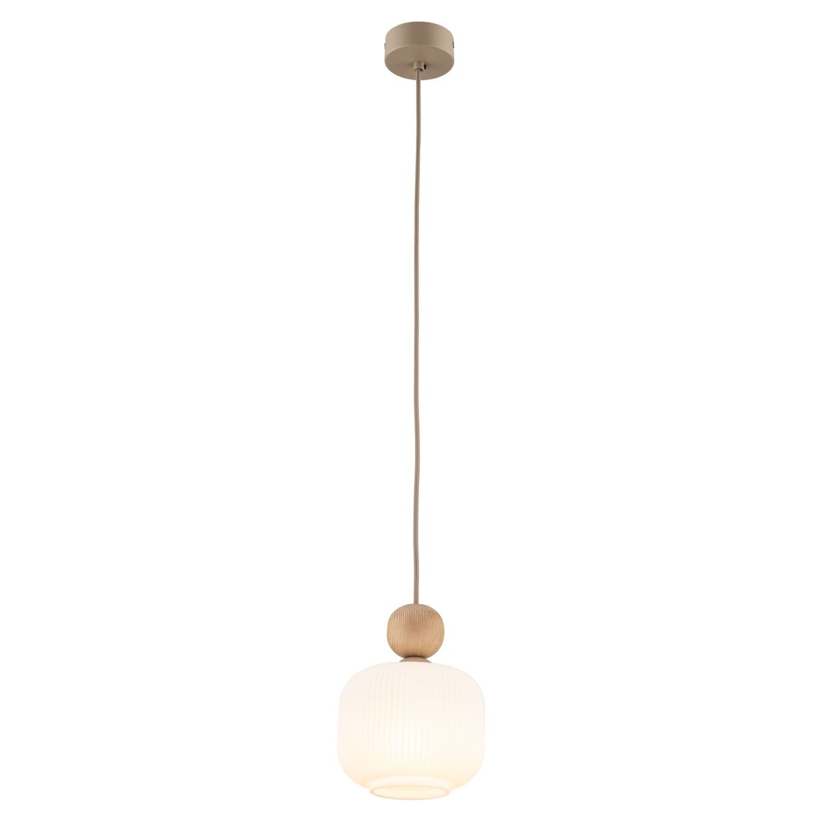 Lampa wisząca Ballo w kolorze beżowym z kloszem w kształcie kuli, wykonanym z matowego szkła. Zamontowana na długim przewodzie, z drewnianym detalem u góry. Idealna do nowoczesnych wnętrz, nadająca subtelne oświetlenie.
