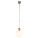 Lampa wisząca Ballo w kolorze beżowym z kloszem w kształcie kuli, wykonanym z matowego szkła. Zamontowana na długim przewodzie, z drewnianym detalem u góry. Idealna do nowoczesnych wnętrz, nadająca subtelne oświetlenie.