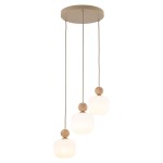 Lampa wisząca Ballo 3xE14 w beżowym kolorze z trzema szklanymi kloszami i drewnianymi detalami. Produkt zawieszony na długich przewodach, z okrągłym mocowaniem sufitowym. Klosze o lekko zaokrąglonym kształcie, emitujące miękkie światło.