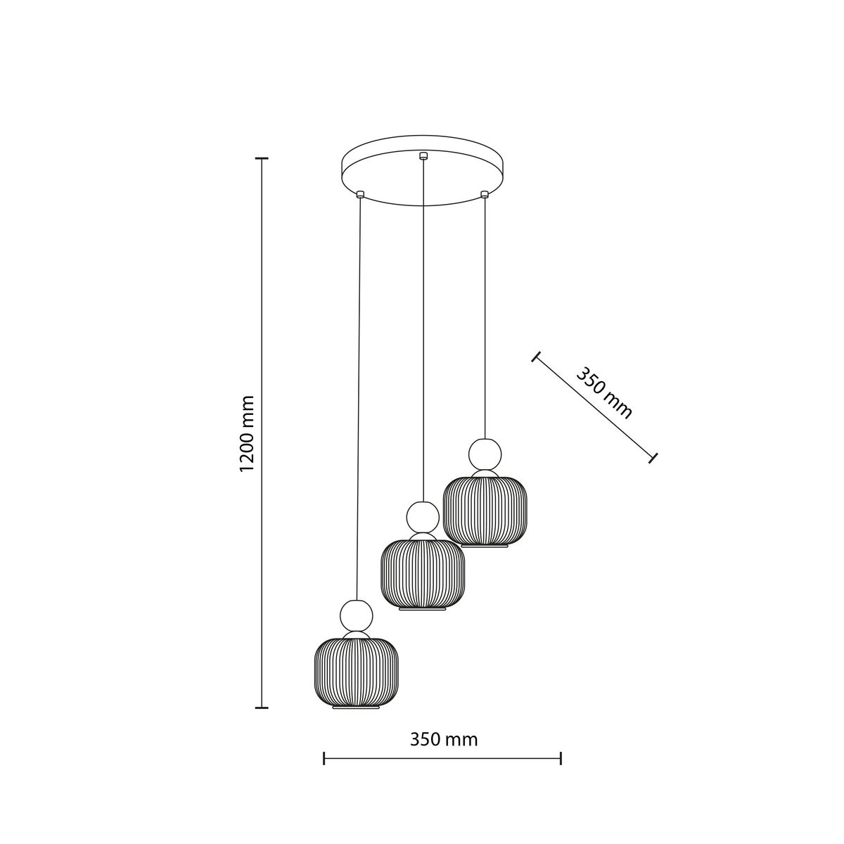 Lampa wisząca Ballo w kolorze beżowym, z trzema kloszami w kształcie kul, zawieszona na długich linkach. Wymiary: wysokość 1200 mm, średnica kloszy 350 mm. Klosze mają delikatny, teksturowany wzór.