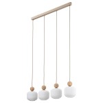 Lampa wisząca Ballo z czterema kloszami E14 w białym kolorze, zawieszona na beżowej, metalowej belce. Klasyczne, okrągłe klosze z teksturowanej ceramiki, z drewnianymi elementami, w eleganckim, minimalistycznym stylu.