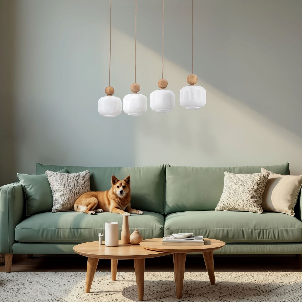 Lampa wisząca Ballo 4xE14 w beżowym kolorze z czterema białymi, cylindrycznymi kloszami z teksturą, zawieszona na naturalnych sznurach. Produkt umieszczony nad zieloną sofą w nowoczesnym wnętrzu z minimalistycznymi dodatkami.