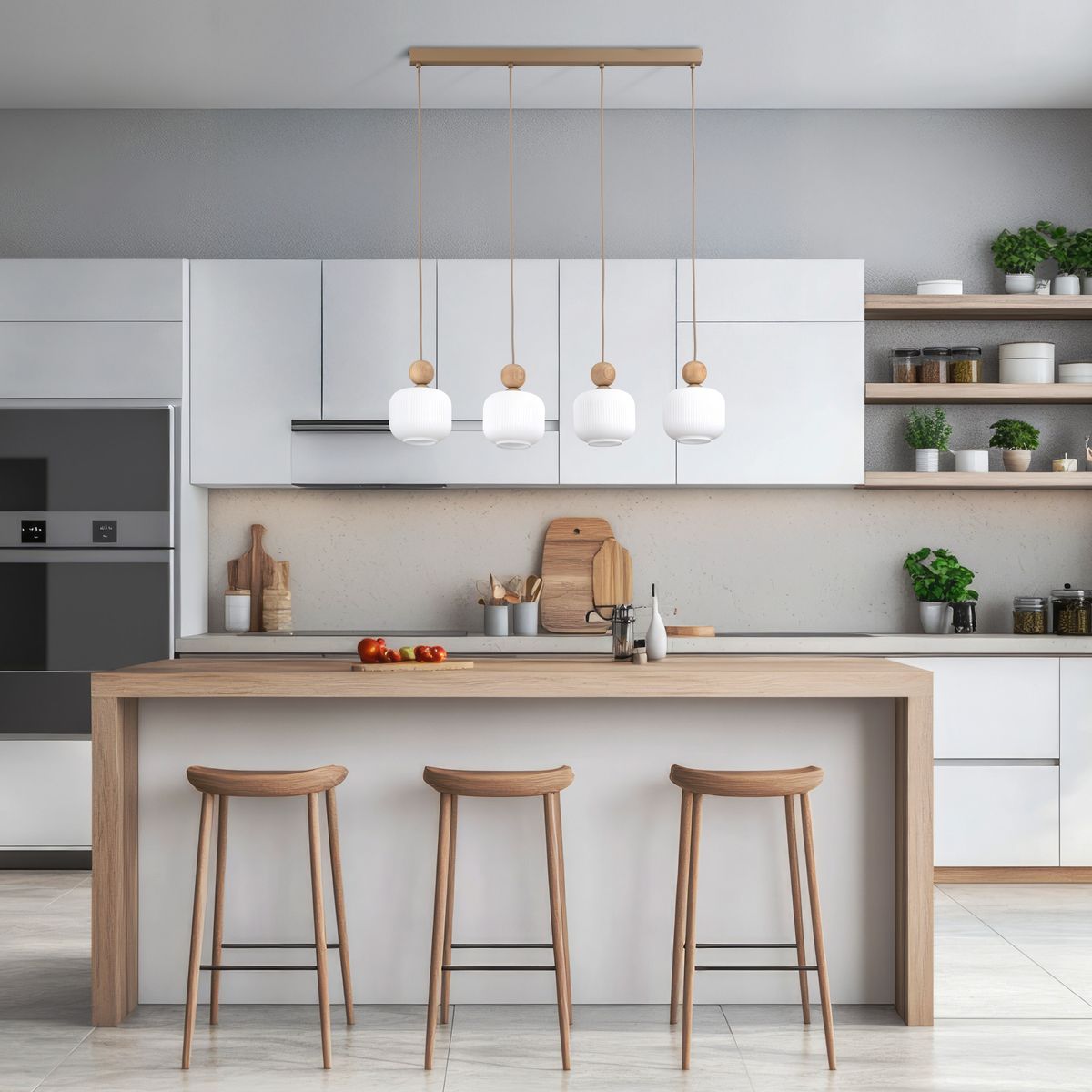 Lampa wisząca Ballo 4xE14 w beżowym odcieniu, z czterema okrągłymi kloszami z matowego szkła, zawieszona na drewnianym stelażu. Zainstalowana w nowoczesnej kuchni, nad drewnianym blatem z krzesłami barowymi.