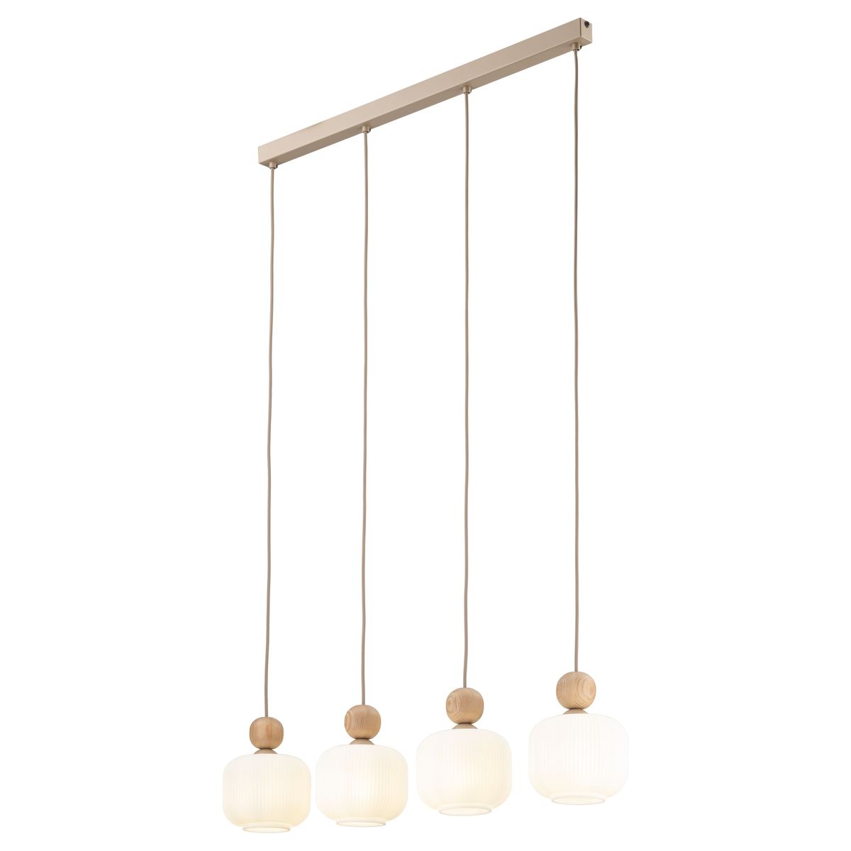 Lampa wisząca Ballo 4xE14 w kolorze beżowym z czterema okrągłymi kloszami z mlecznego szkła, zawieszona na metalowej listwie. Klosze z drewnianymi detalami, zawieszone na długich przewodach, tworzą elegancką kompozycję.