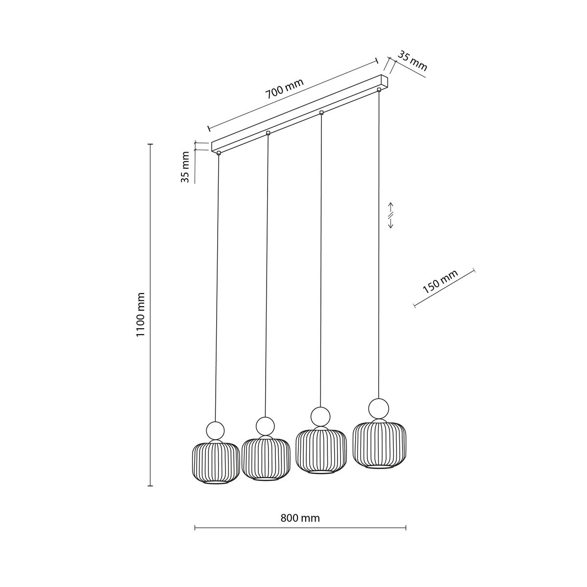 Lampa wisząca Ballo 4xE14 w kolorze beżowym, z czterema okrągłymi kloszami o teksturowanej powierzchni. Wymiary: długość 800 mm, wysokość 1100 mm, klosze zawieszone na cienkich linkach. Prosta konstrukcja, idealna do nowoczesnych wnętrz.