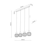Lampa wisząca Ballo 4xE14 w kolorze beżowym, z czterema okrągłymi kloszami o teksturowanej powierzchni. Wymiary: długość 800 mm, wysokość 1100 mm, klosze zawieszone na cienkich linkach. Prosta konstrukcja, idealna do nowoczesnych wnętrz.