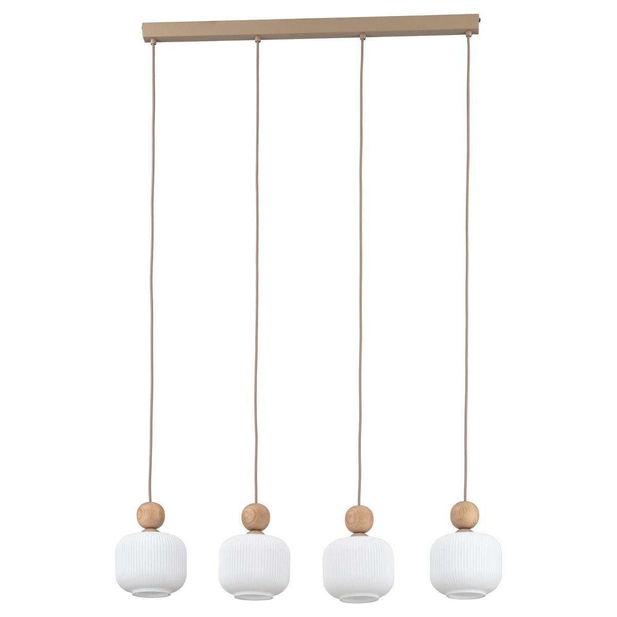 Ballo lampa wisząca 4xE14 w kolorze beżowym, z czterema okrągłymi, białymi kloszami z teksturowanego szkła, zawieszona na długich, beżowych przewodach. Górna część z metalowym uchwytem w odcieniu beżowym.