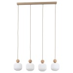 Ballo lampa wisząca 4xE14 w kolorze beżowym, z czterema okrągłymi, białymi kloszami z teksturowanego szkła, zawieszona na długich, beżowych przewodach. Górna część z metalowym uchwytem w odcieniu beżowym.