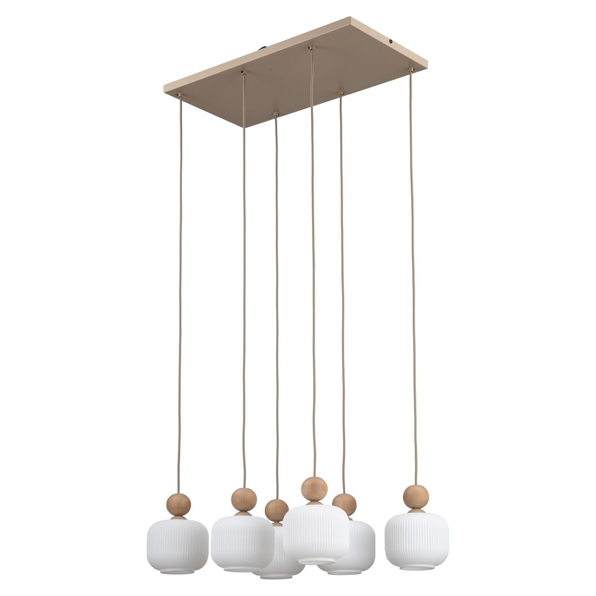 Lampa wisząca Ballo z sześcioma kloszami E14 w kolorze beżowym. Klosze mają okrągły kształt z delikatnym prążkowaniem, zawieszone na cienkich przewodach z drewnianymi kulkami. Montaż na płaskiej, prostokątnej podstawie.